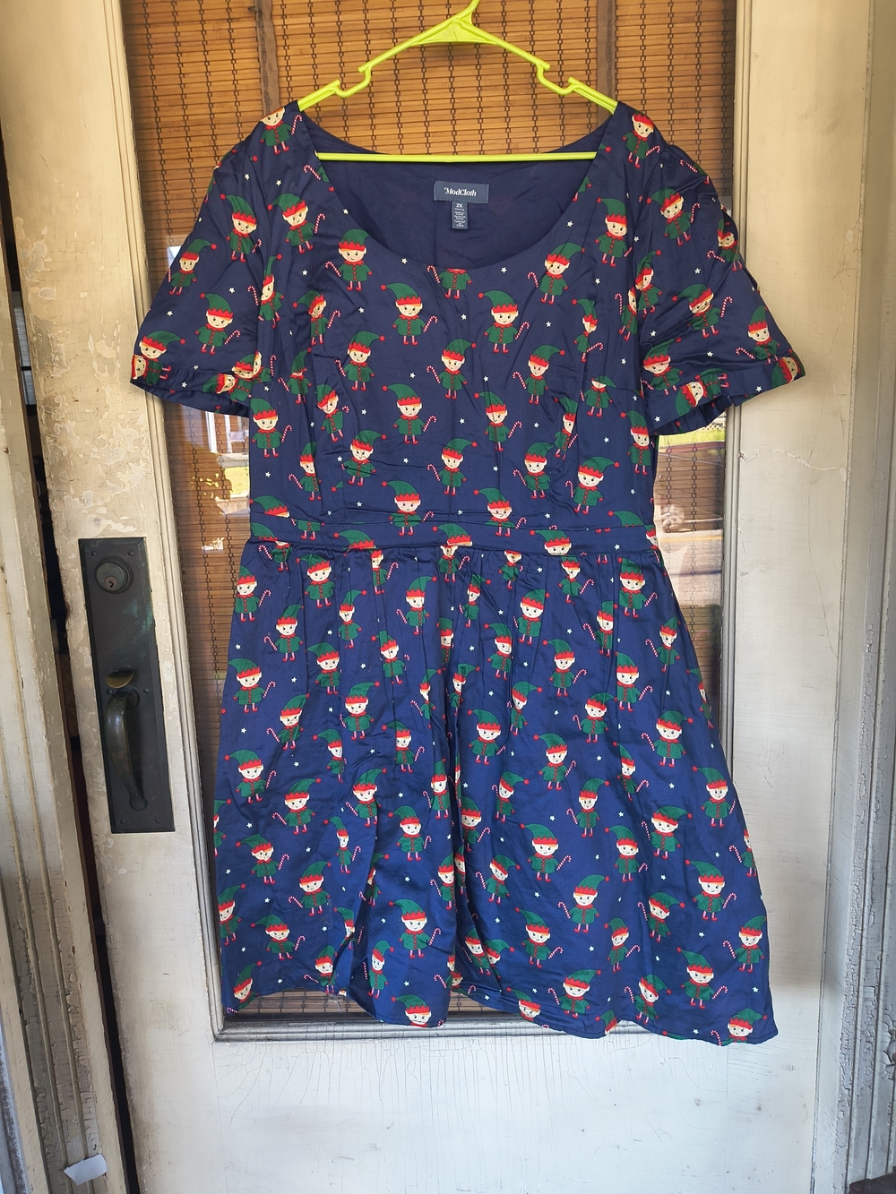 ModCloth What’s The Scoop A-Line Dress Navy Elf Holiday Christmas Print 2X - Picture 2 of 12